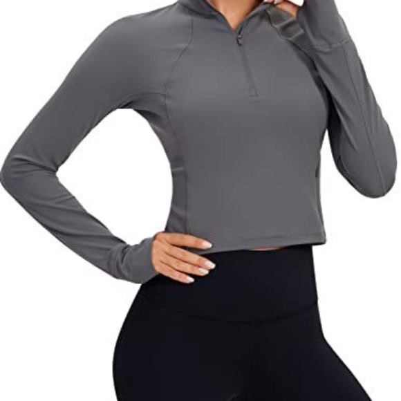 Long Sleeve Workout Shirts Half Quarter Zip Sweatshirt Athletic Crop Tops - Picture 1 of 4